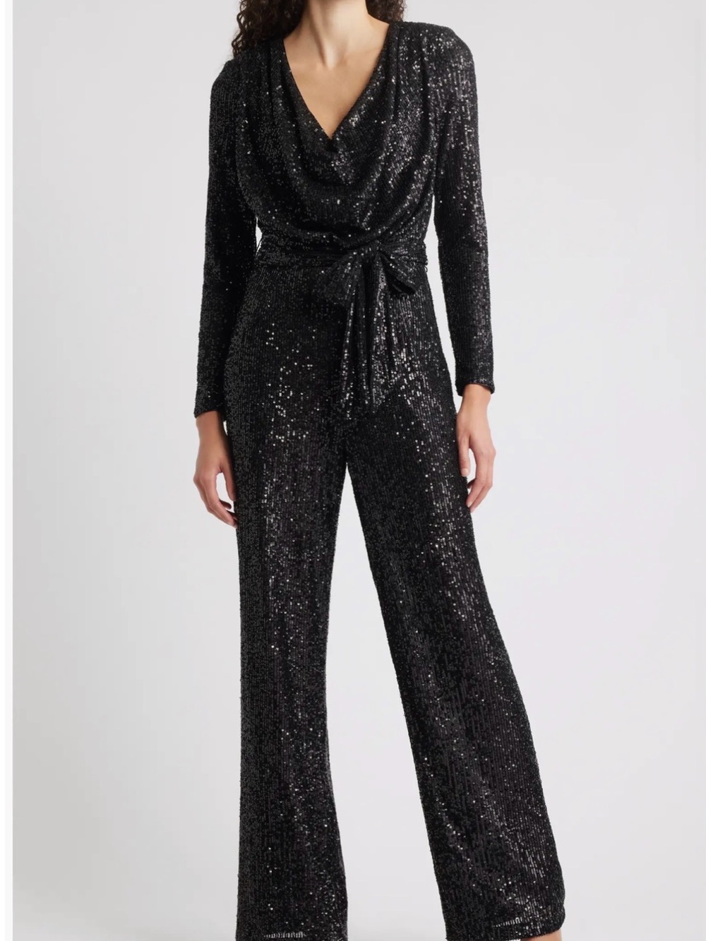 Eliza J Black Sequin Cowl-Neck Wrap Jumpsuit